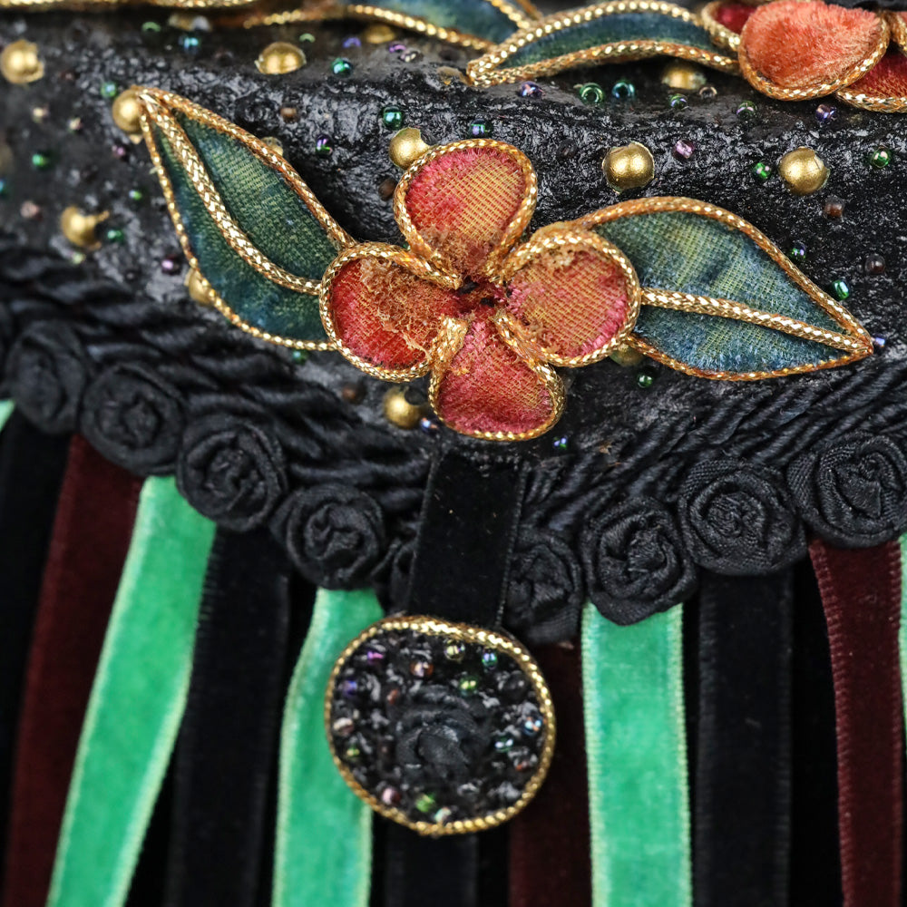 Mary Frances Black Velvet Floral Fringe Frame Handbag