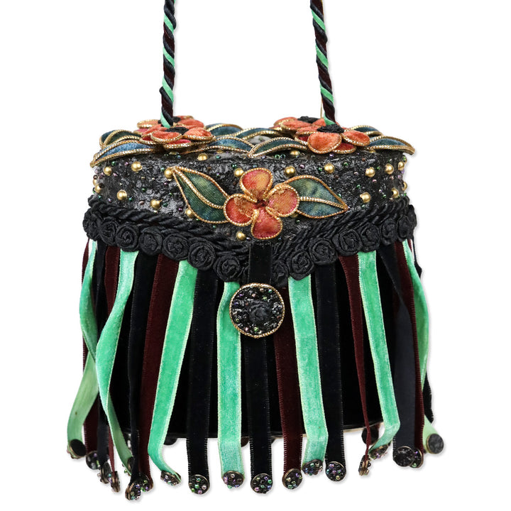 Mary Frances Black Velvet Floral Fringe Frame Handbag
