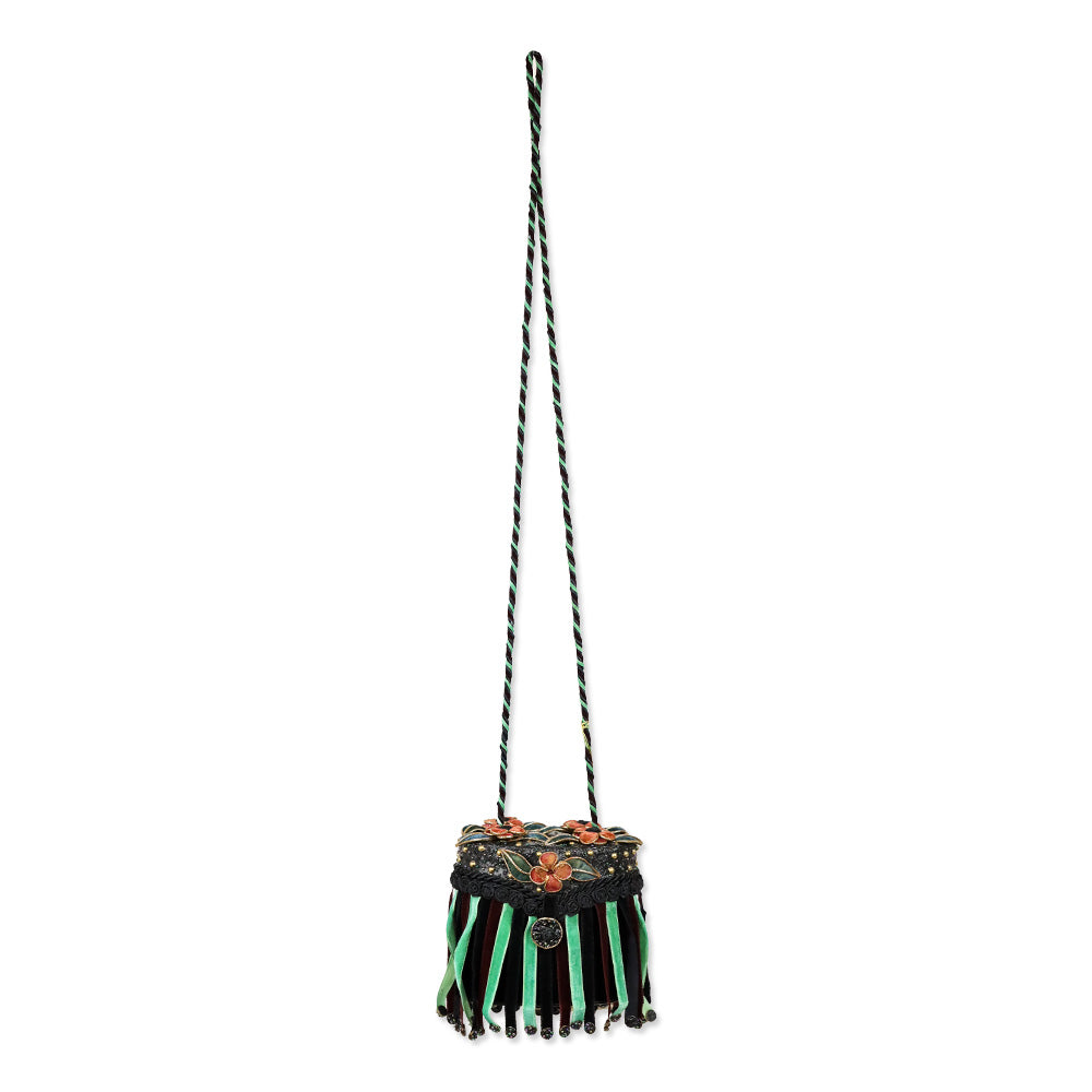 Mary Frances Black Velvet Floral Fringe Frame Handbag
