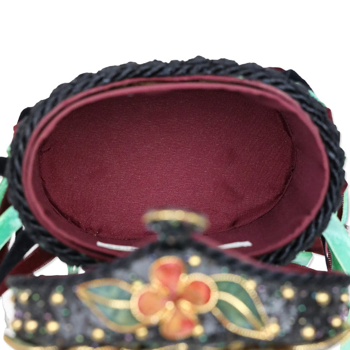 Mary Frances Black Velvet Floral Fringe Frame Handbag