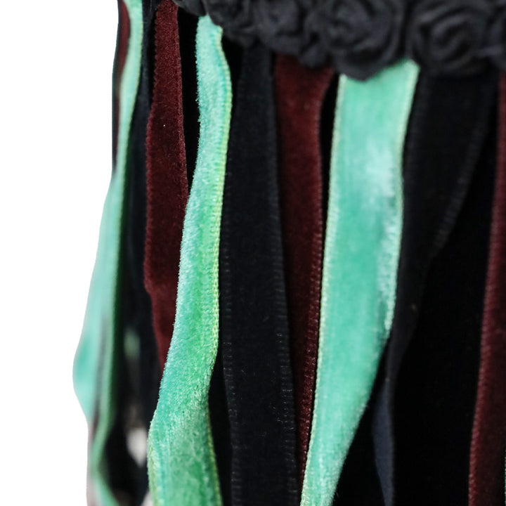 Mary Frances Black Velvet Floral Fringe Frame Handbag