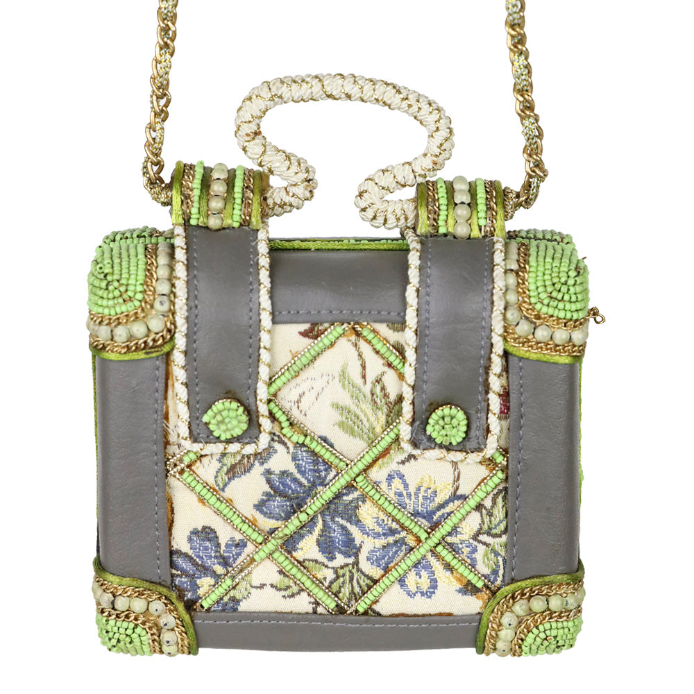Mary Frances Green Chinese Canvas Motif Quilted Beaded Top Handle Handbag