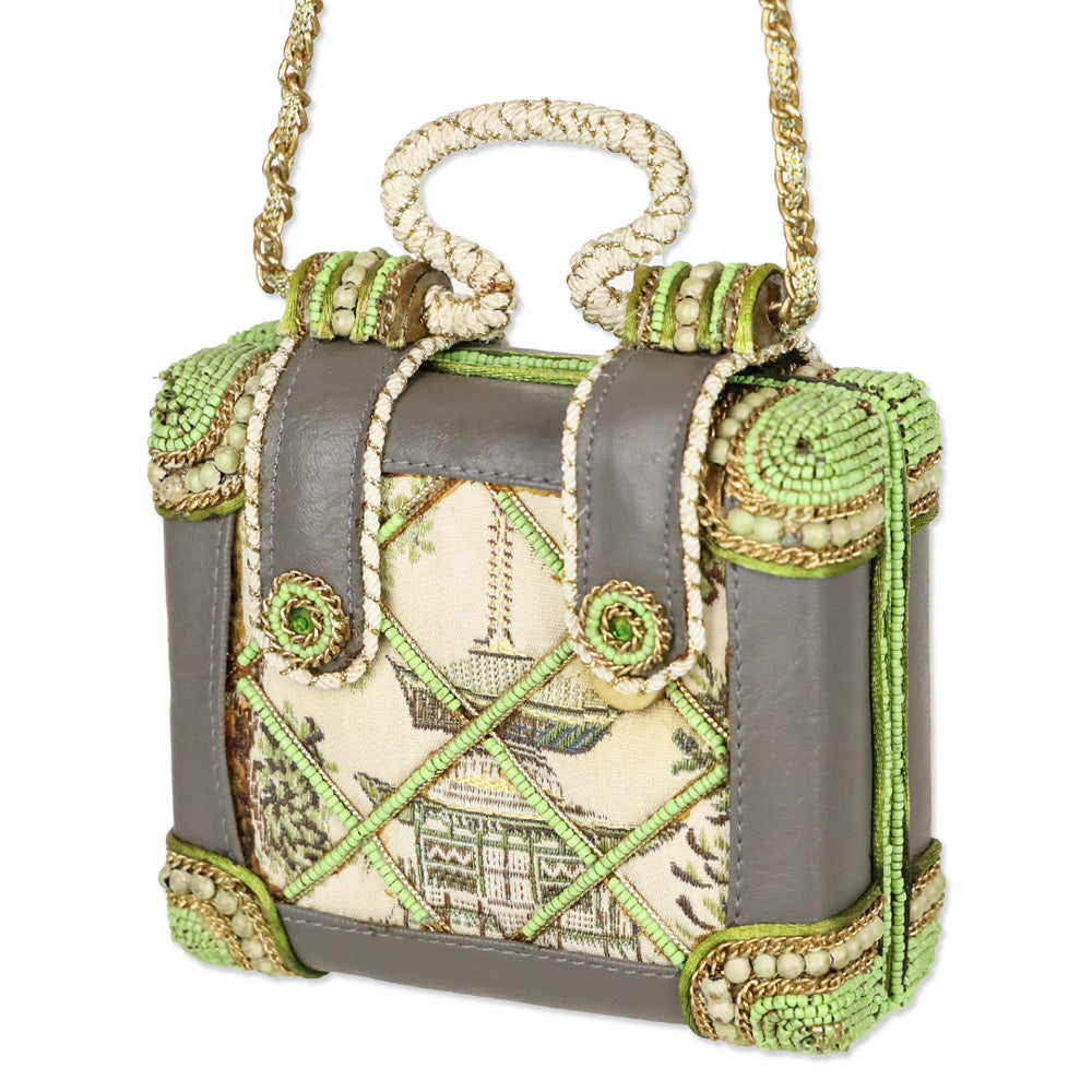 Mary Frances Green Chinese Canvas Motif Quilted Beaded Top Handle Handbag