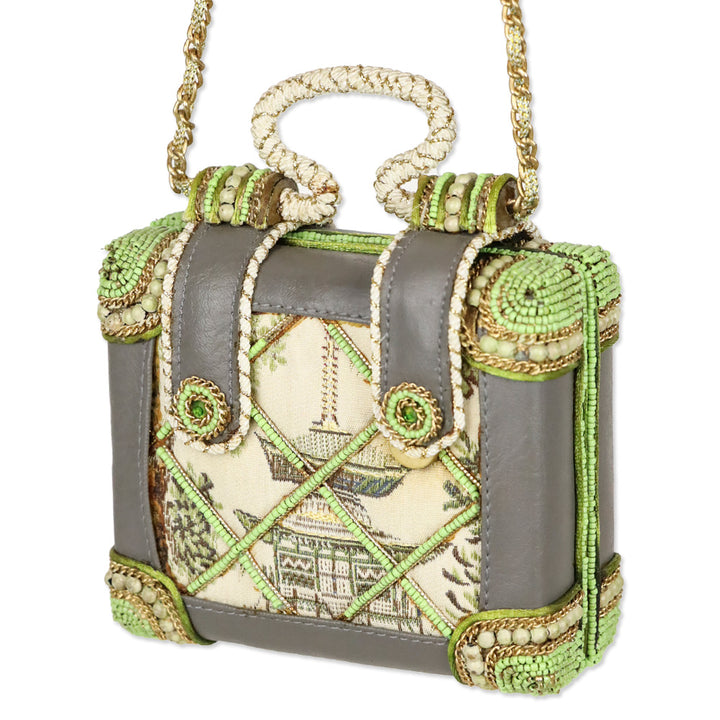 Mary Frances Green Chinese Canvas Motif Quilted Beaded Top Handle Handbag