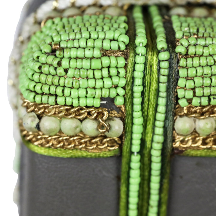 Mary Frances Green Chinese Canvas Motif Quilted Beaded Top Handle Handbag
