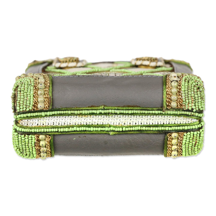 Mary Frances Green Chinese Canvas Motif Quilted Beaded Top Handle Handbag