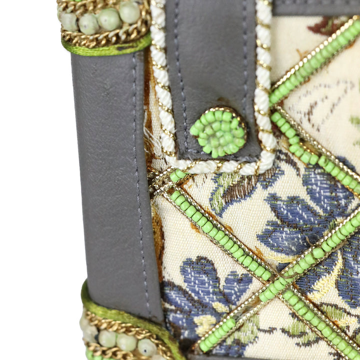 Mary Frances Green Chinese Canvas Motif Quilted Beaded Top Handle Handbag