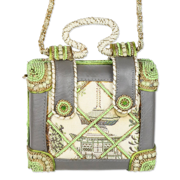 Mary Frances Green Chinese Canvas Motif Quilted Beaded Top Handle Handbag