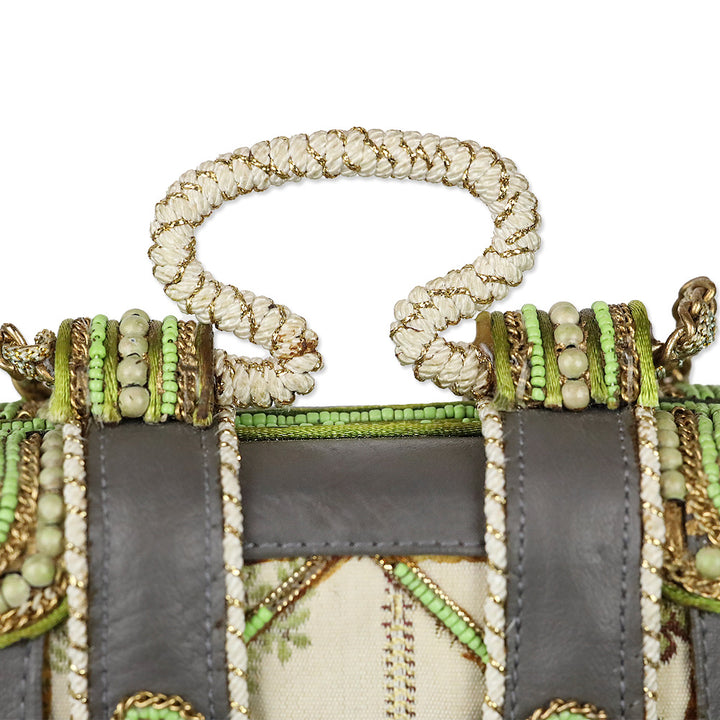Mary Frances Green Chinese Canvas Motif Quilted Beaded Top Handle Handbag
