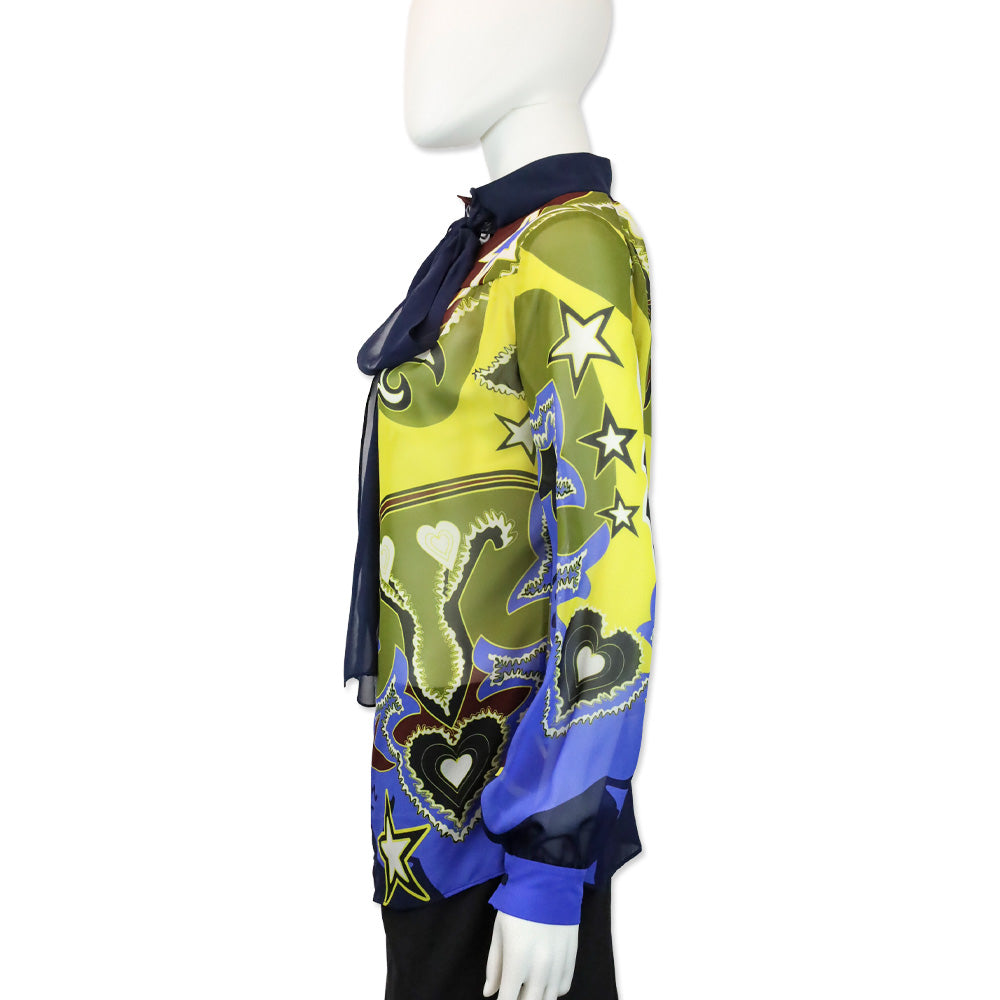 Mary Katrantzou Multicolor Pattern Silk Long Sleeve Blouse with Bow Neck