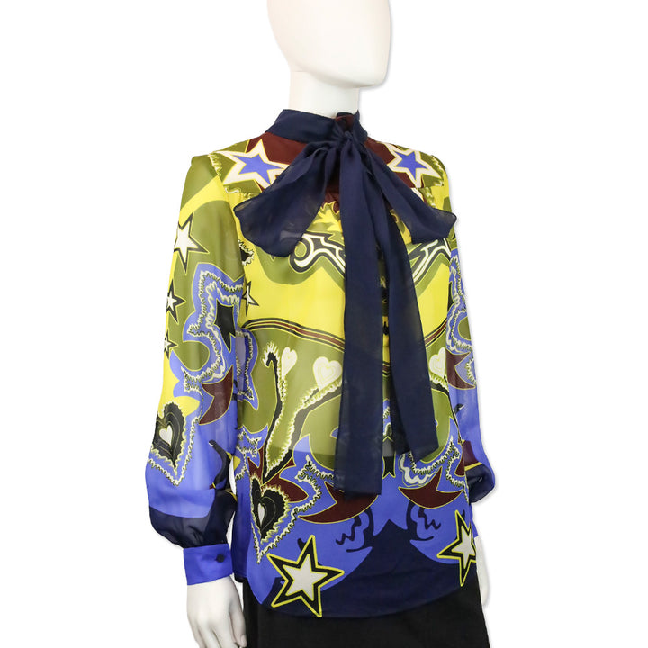 Mary Katrantzou Multicolor Pattern Silk Long Sleeve Blouse with Bow Neck