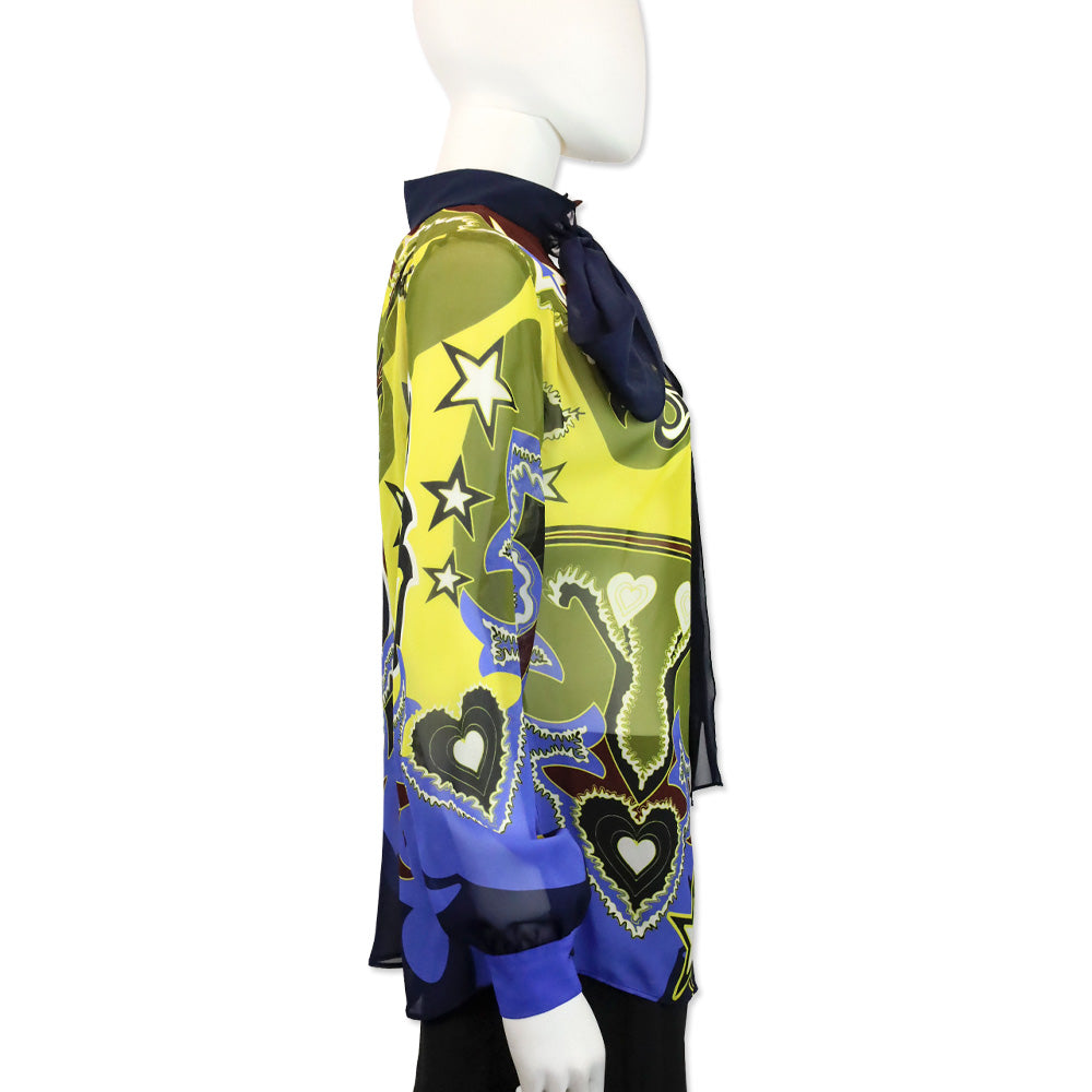Mary Katrantzou Multicolor Pattern Silk Long Sleeve Blouse with Bow Neck