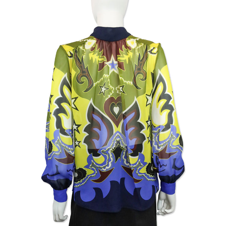 Mary Katrantzou Multicolor Pattern Silk Long Sleeve Blouse with Bow Neck