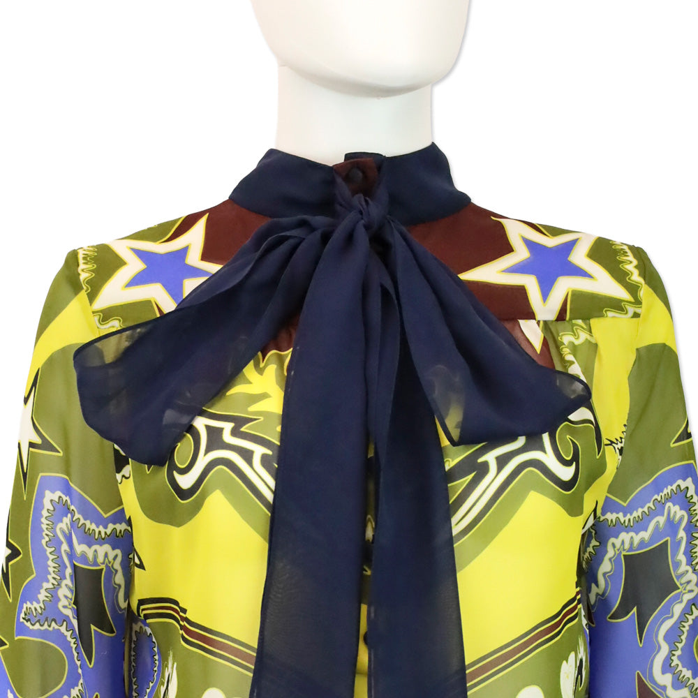 Mary Katrantzou Multicolor Pattern Silk Long Sleeve Blouse with Bow Neck