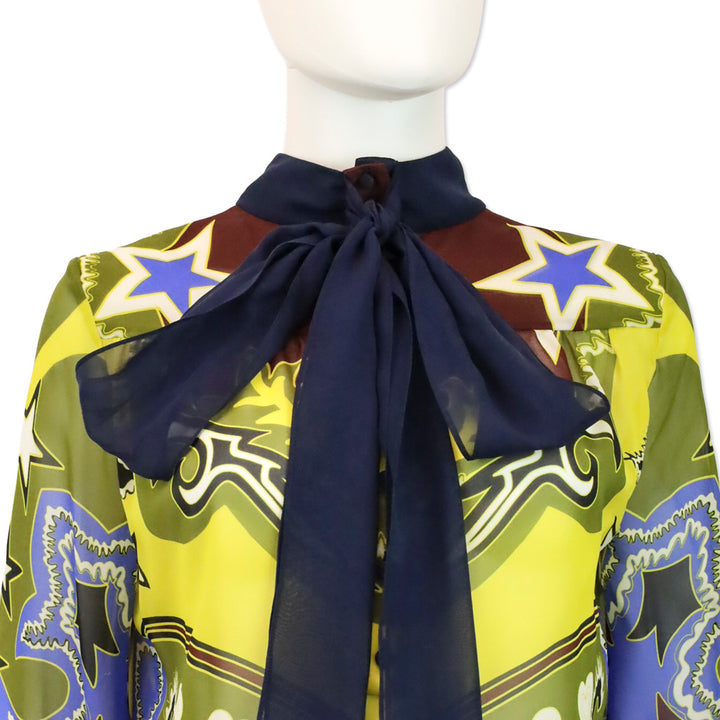 Mary Katrantzou Multicolor Pattern Silk Long Sleeve Blouse with Bow Neck