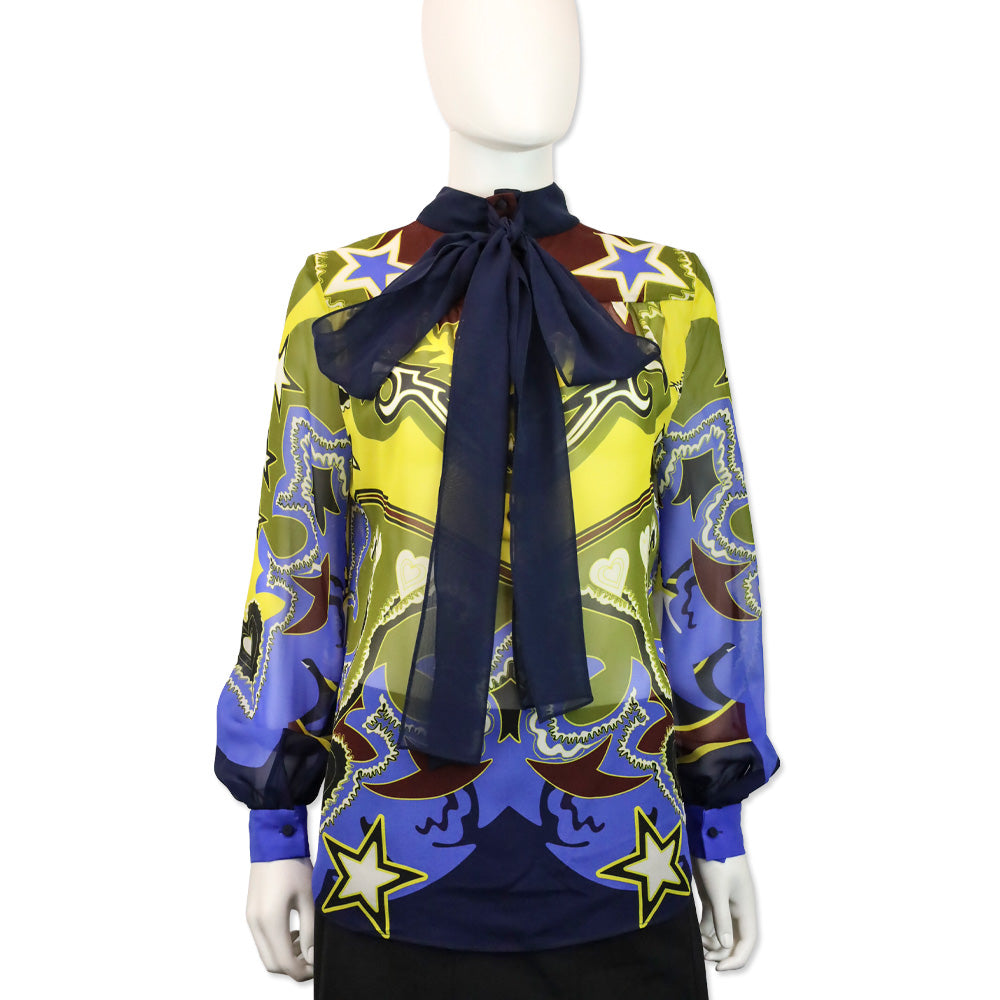 Mary Katrantzou Multicolor Pattern Silk Long Sleeve Blouse with Bow Neck