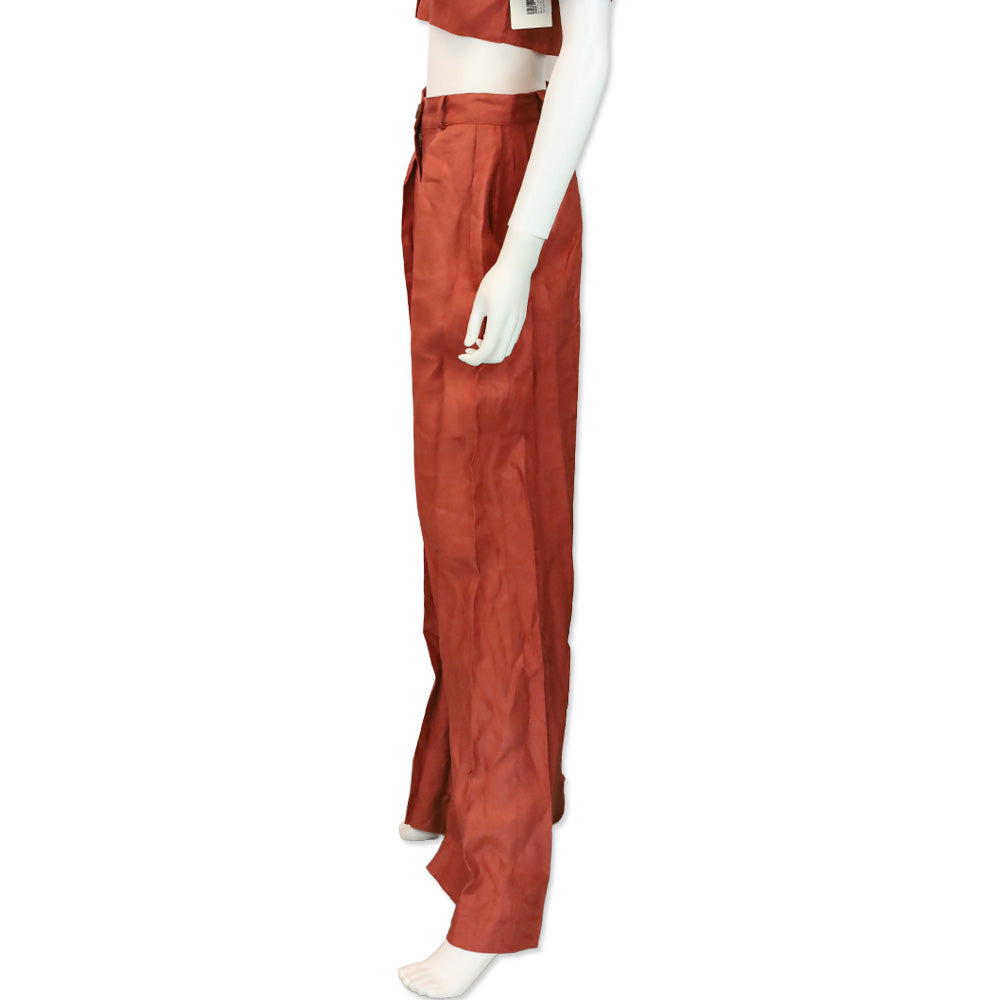 Matthew Bruch Terracotta Linen Button Pleated High-Waisted Wide-leg Trouser Pants