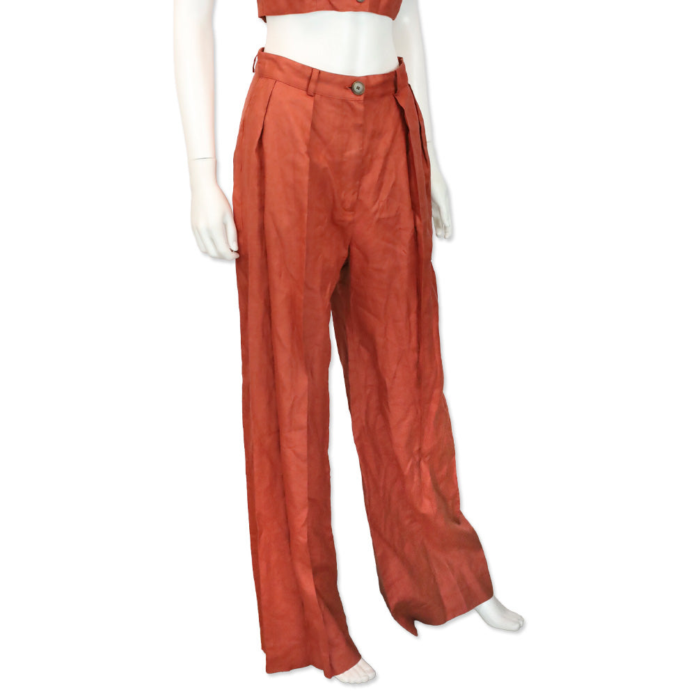 Matthew Bruch Terracotta Linen Button Pleated High-Waisted Wide-leg Trouser Pants