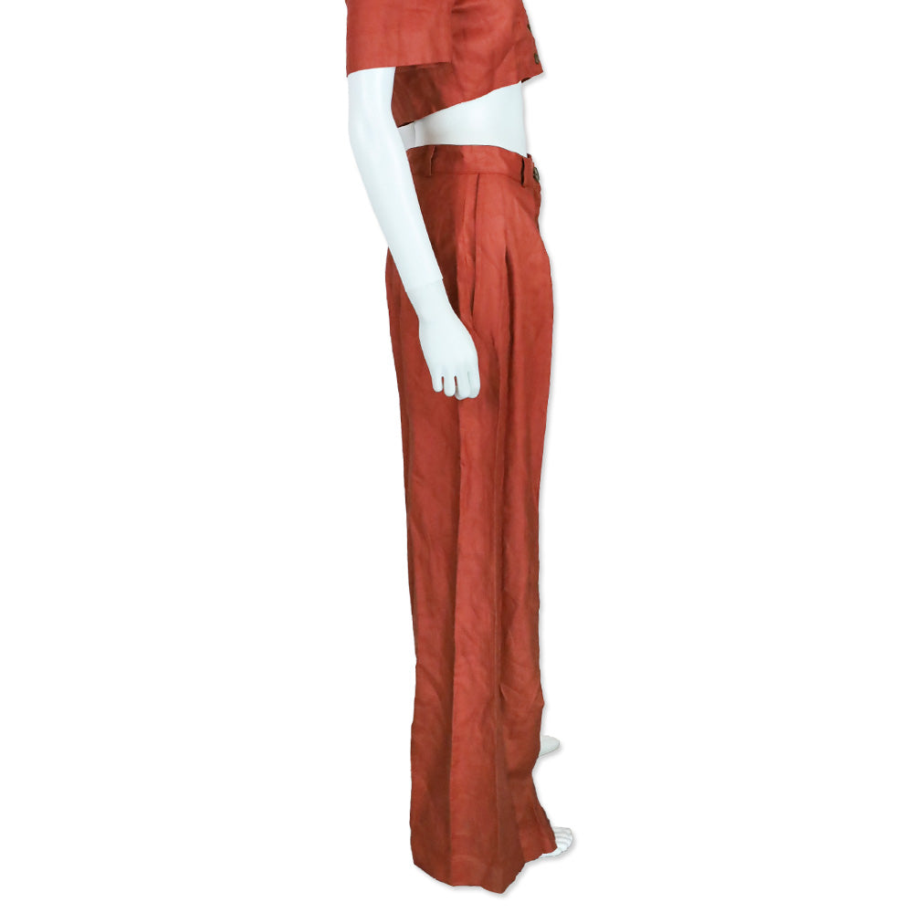 Matthew Bruch Terracotta Linen Button Pleated High-Waisted Wide-leg Trouser Pants