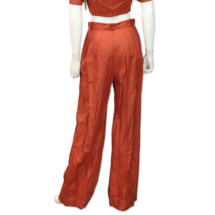 Matthew Bruch Terracotta Linen Button Pleated High-Waisted Wide-leg Trouser Pants