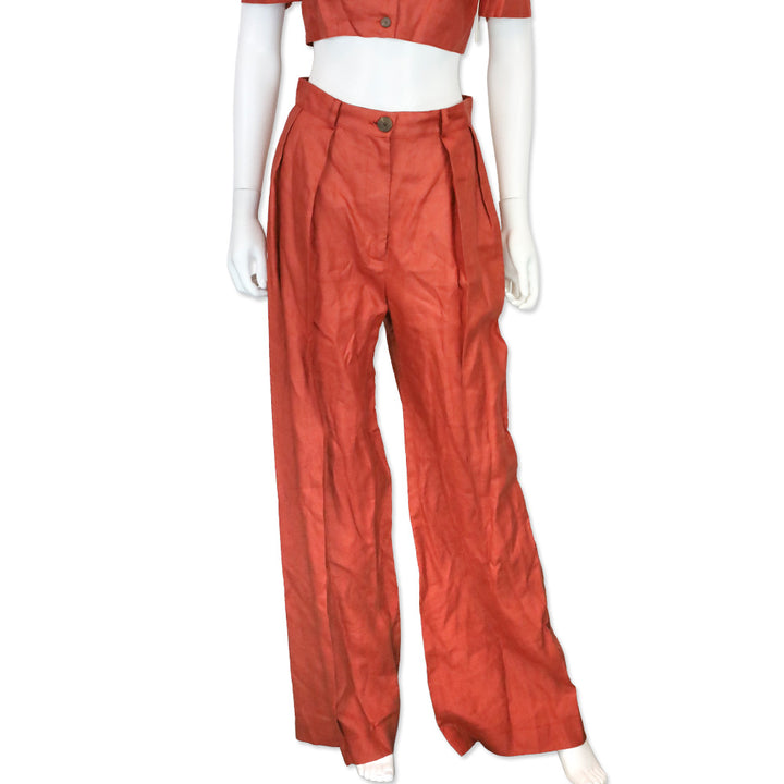 Matthew Bruch Terracotta Linen Button Pleated High-Waisted Wide-leg Trouser Pants