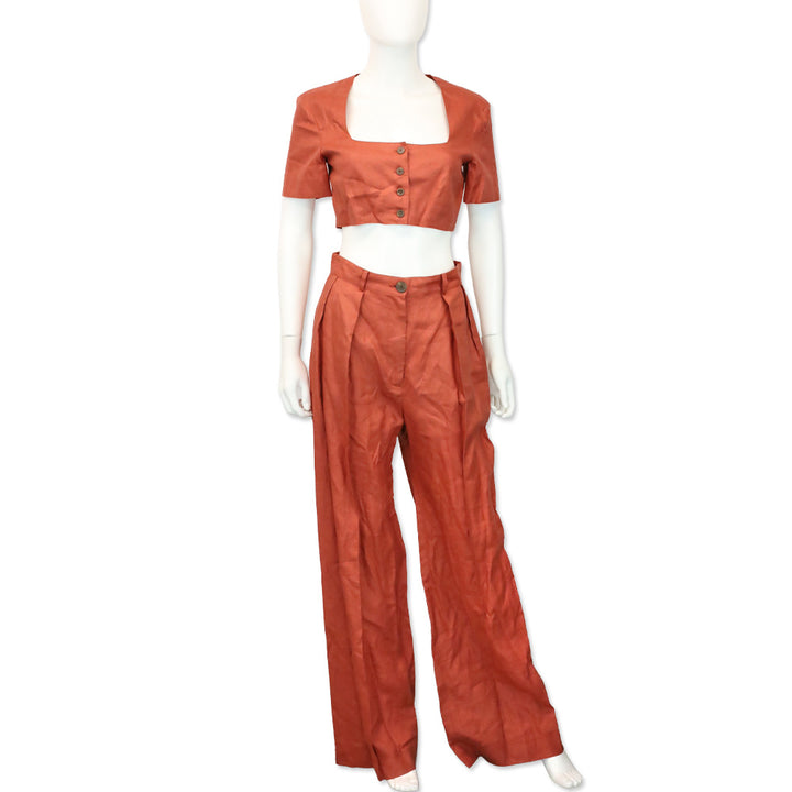 Matthew Bruch Terracotta Linen Button Pleated High-Waisted Wide-leg Trouser Pants