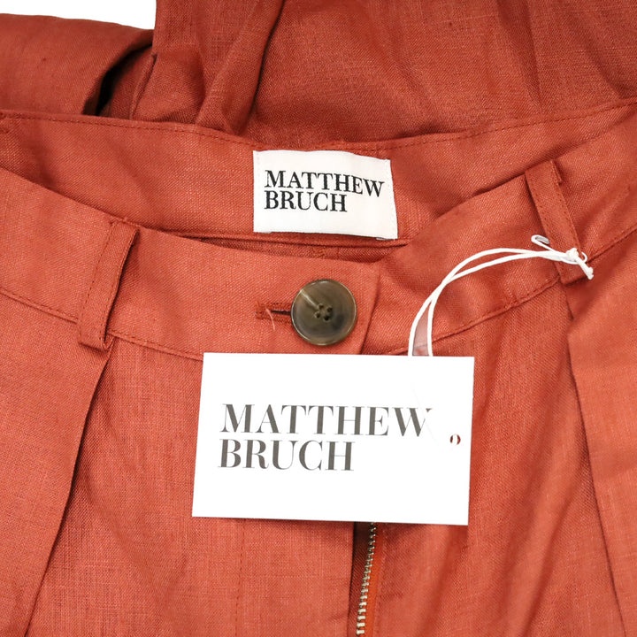 Matthew Bruch Terracotta Linen Button Pleated High-Waisted Wide-leg Trouser Pants