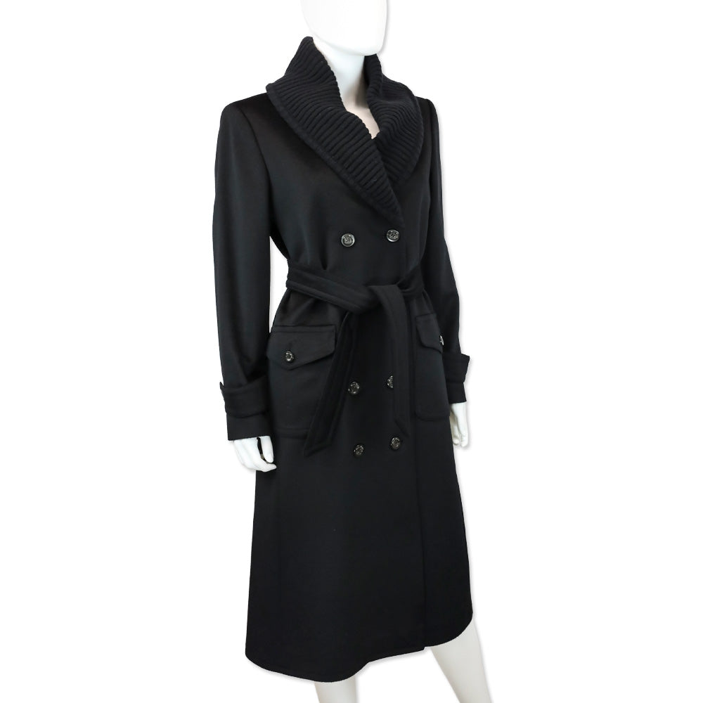 Max Mara Black Alpaca Double-Breasted Overcoat with Ribbed Knit Shawl Collar