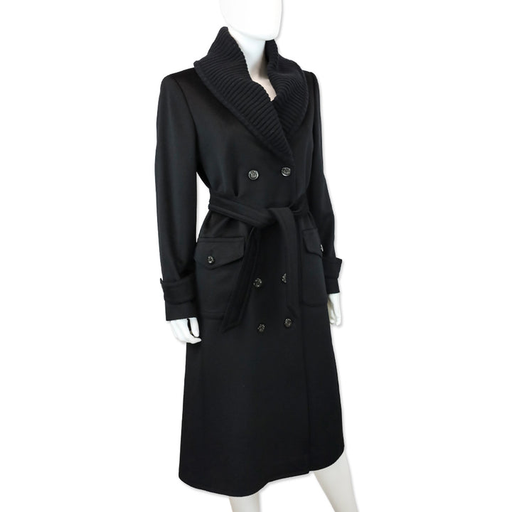 Max Mara Black Alpaca Double-Breasted Overcoat with Ribbed Knit Shawl Collar