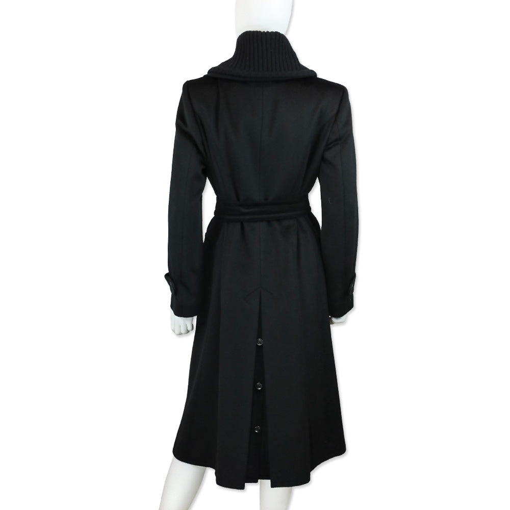 Max Mara Black Alpaca Double-Breasted Overcoat with Ribbed Knit Shawl Collar