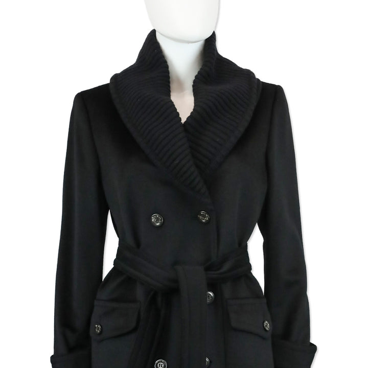 Max Mara Black Alpaca Double-Breasted Overcoat with Ribbed Knit Shawl Collar