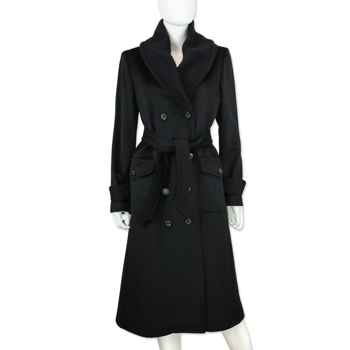 Max Mara Black Alpaca Double-Breasted Overcoat with Ribbed Knit Shawl Collar