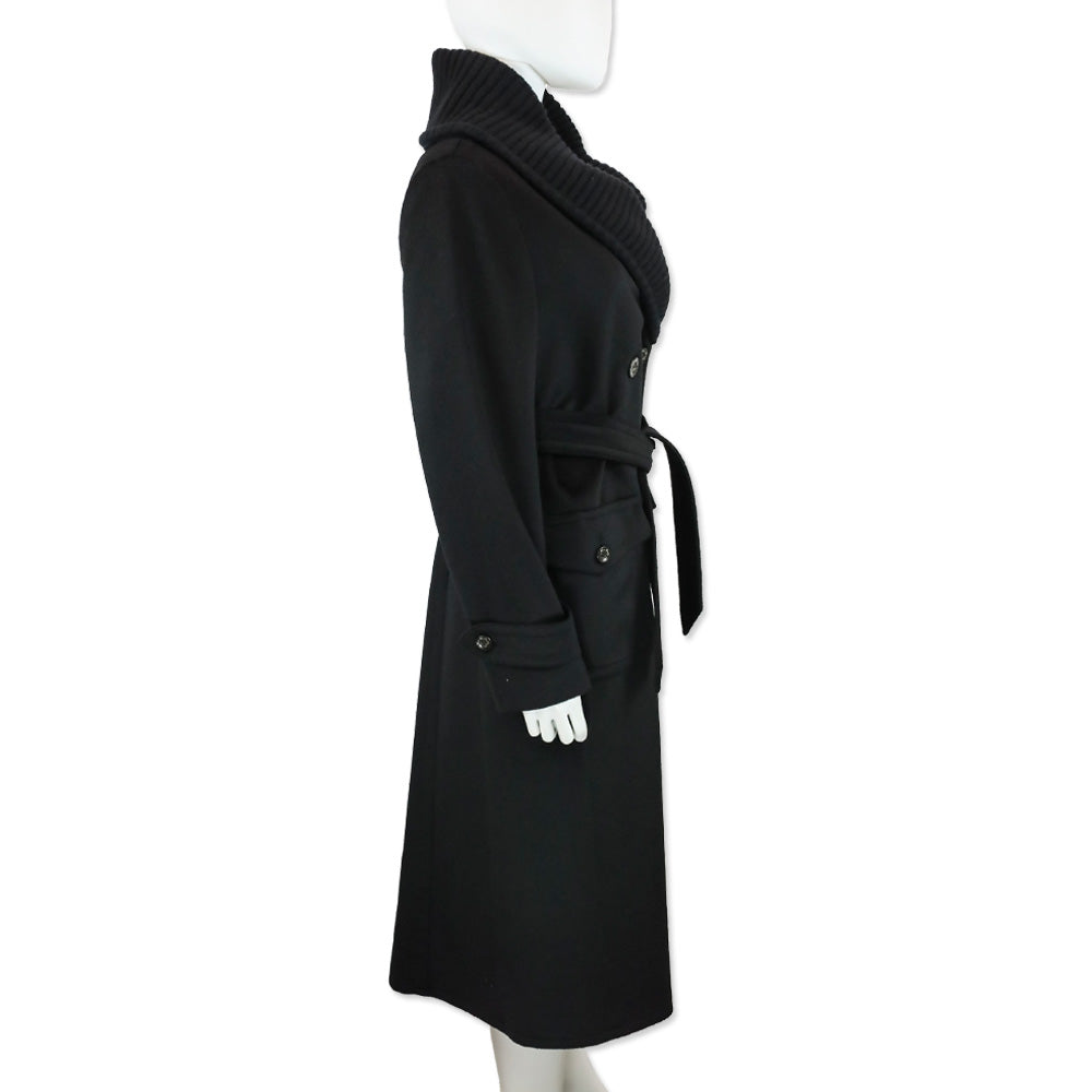 Max Mara Black Alpaca Double-Breasted Overcoat with Ribbed Knit Shawl Collar