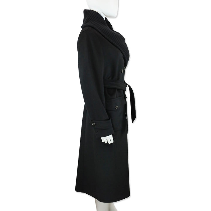 Max Mara Black Alpaca Double-Breasted Overcoat with Ribbed Knit Shawl Collar