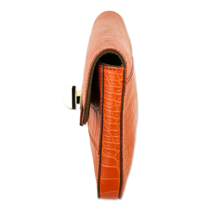 Max Mara Orange Croc Embossed Leather Envelope Clutch