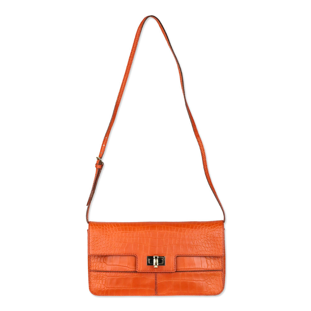 Max Mara Orange Croc Embossed Leather Envelope Clutch