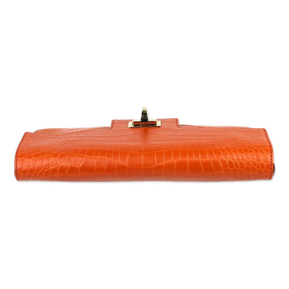 Max Mara Orange Croc Embossed Leather Envelope Clutch