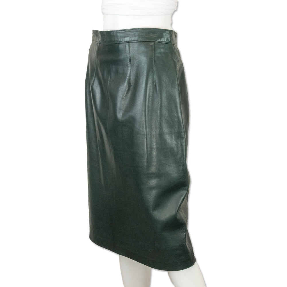 Maxima Dark Green Leather Midi Pencil Skirt