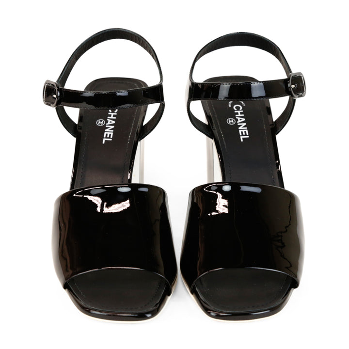 Chanel Black & White Patent Leather Block Heel Sandals