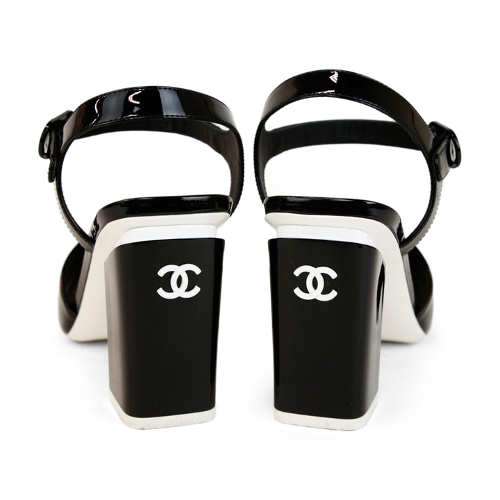 Chanel Black & White Patent Leather Block Heel Sandals