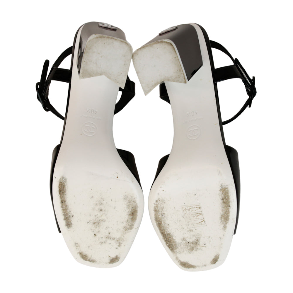 Chanel Black & White Patent Leather Block Heel Sandals