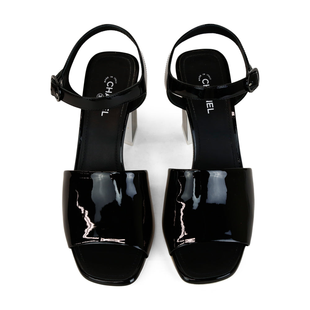 Chanel Black & White Patent Leather Block Heel Sandals