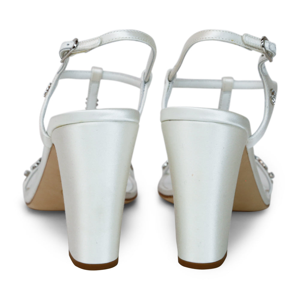 Chanel White Satin Crystal Embellished T-Strap Sandals