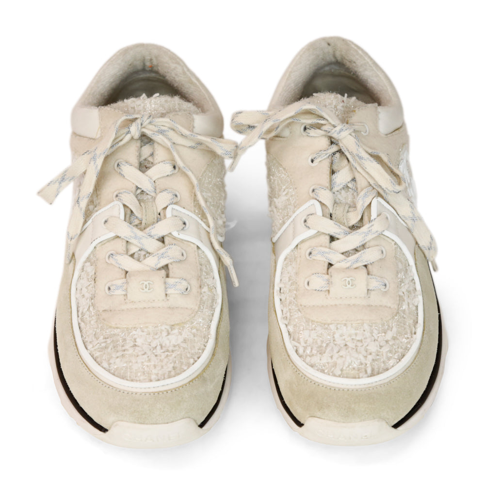 Chanel White Tweed & Leather CC Sneakers
