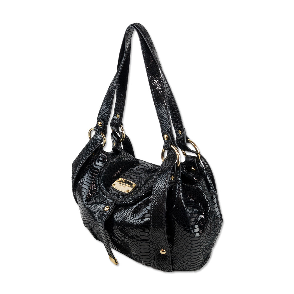 Michael Kors Black Snakeskin Embossed Patent Leather Large Shoulder Tote