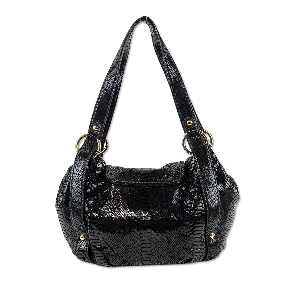 Michael Kors Black Snakeskin Embossed Patent Leather Large Shoulder Tote