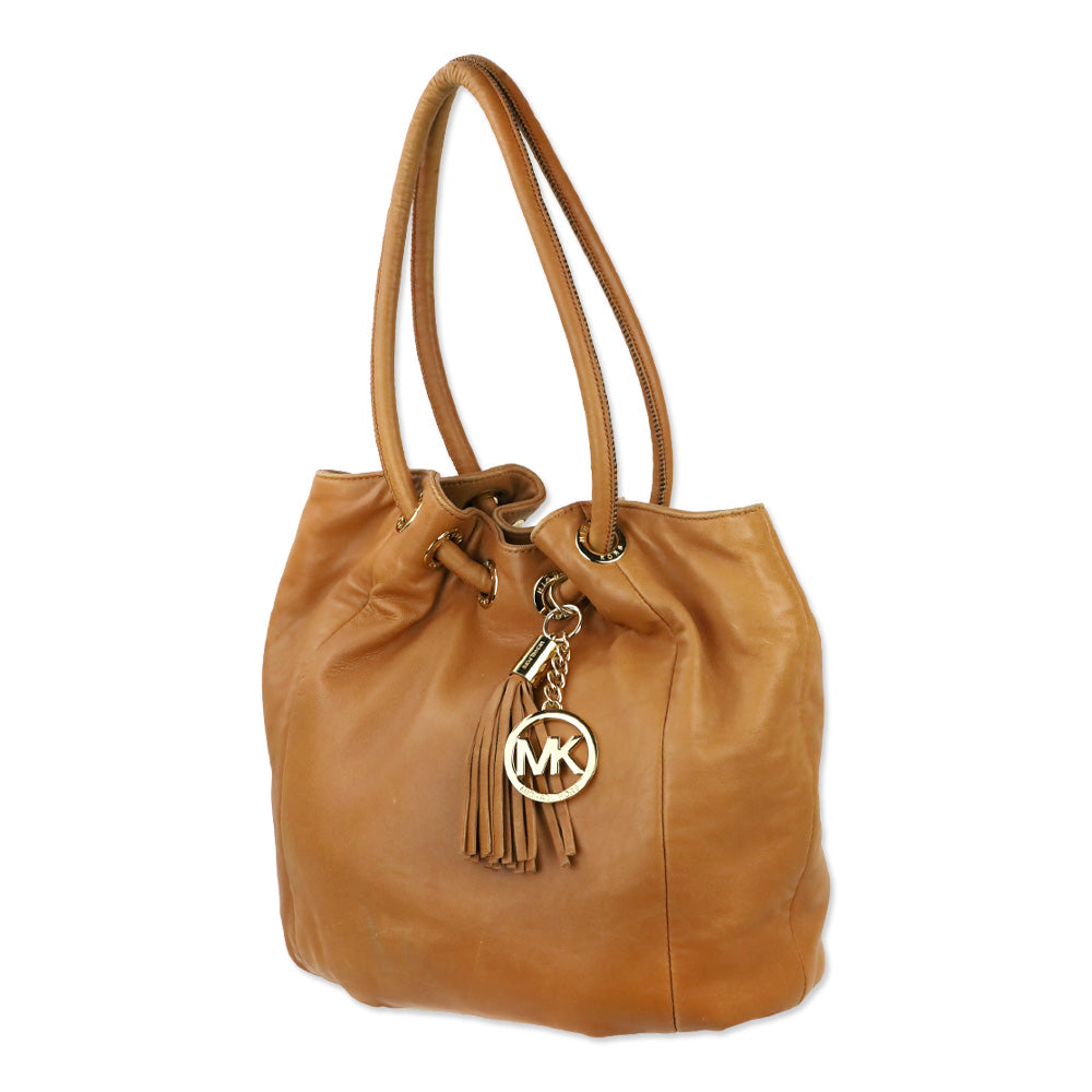 Michael Kors Brown Leather Tassel Ring Handle Bucket Tote