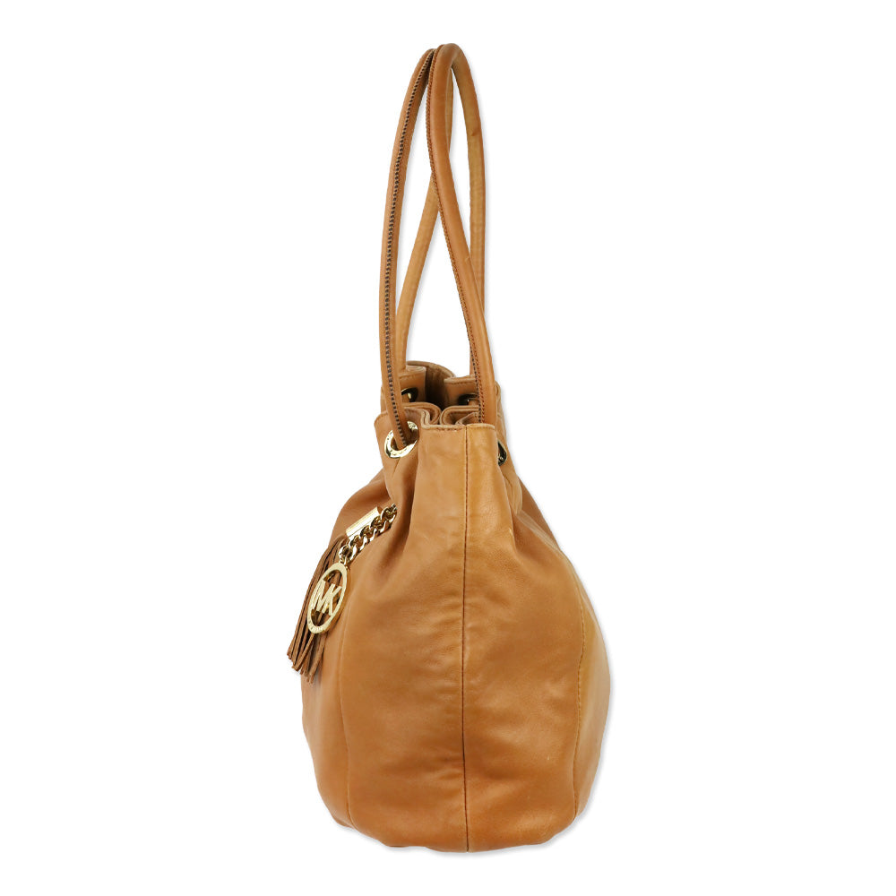 Michael Kors Brown Leather Tassel Ring Handle Bucket Tote