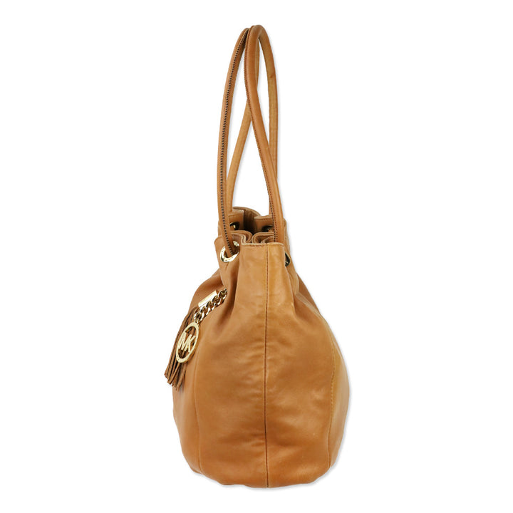 Michael Kors Brown Leather Tassel Ring Handle Bucket Tote