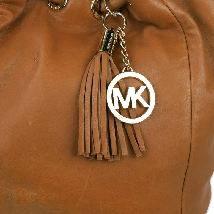 Michael Kors Brown Leather Tassel Ring Handle Bucket Tote